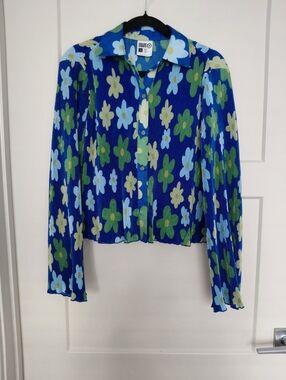 Floral Blue Button-Down Shirt - Women's Long Sleeve